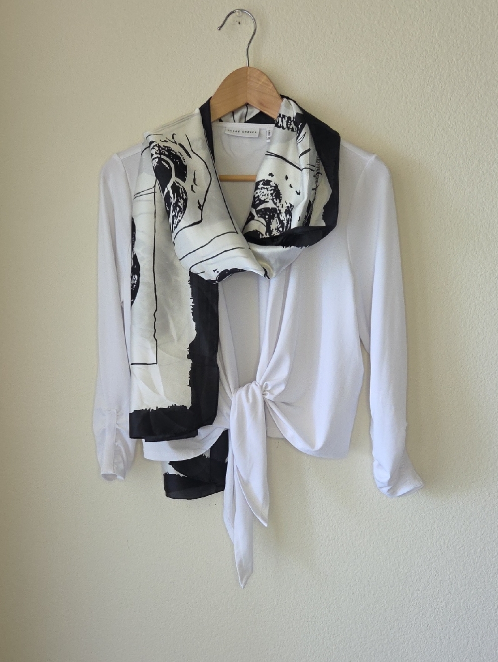Susan Graver White Wrap Ballet Top with Black and White Printed Silk Like Scarf